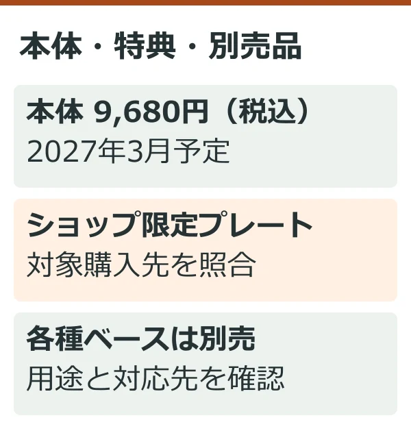 本体・特典・別売品(公式情報を整理した独自説明図)