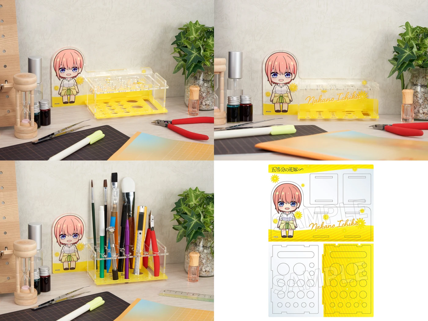 SP追加のアクリルツールスタンドの使用例と構成。写真内の工具・塗料は付属品として案内されていません。