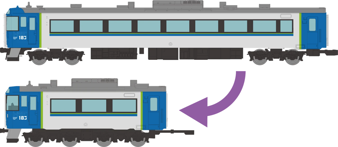 長さ方向を短縮する公式説明図。車体長約65mmの案内で一律1/300ではない
